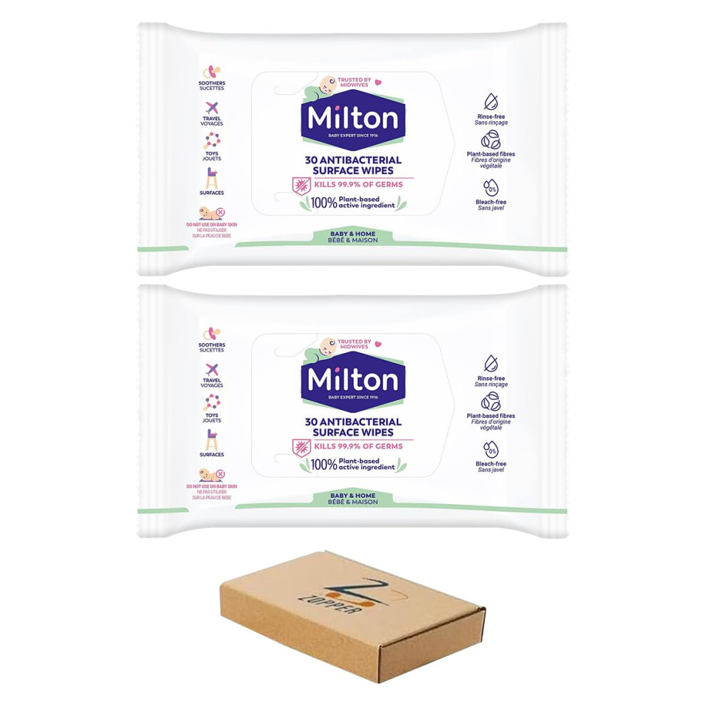 Milton Antibacterial Surface Wipes (2 X 30 Wipes) Baby Safe Disinfectant For Toyas Soothers & Highchairs Plant Based No Rinse Formula Zopper