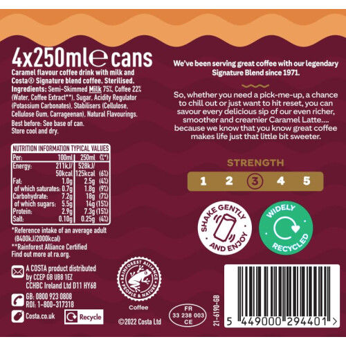 Costa Coffee Costa Coffee Classic Latte Iced Coffee 4 x 250ml 1