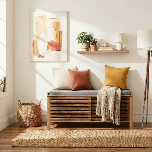 Shoe bench with 2 sliding doors and openwork slats, 112 cm wide, LIAM 1