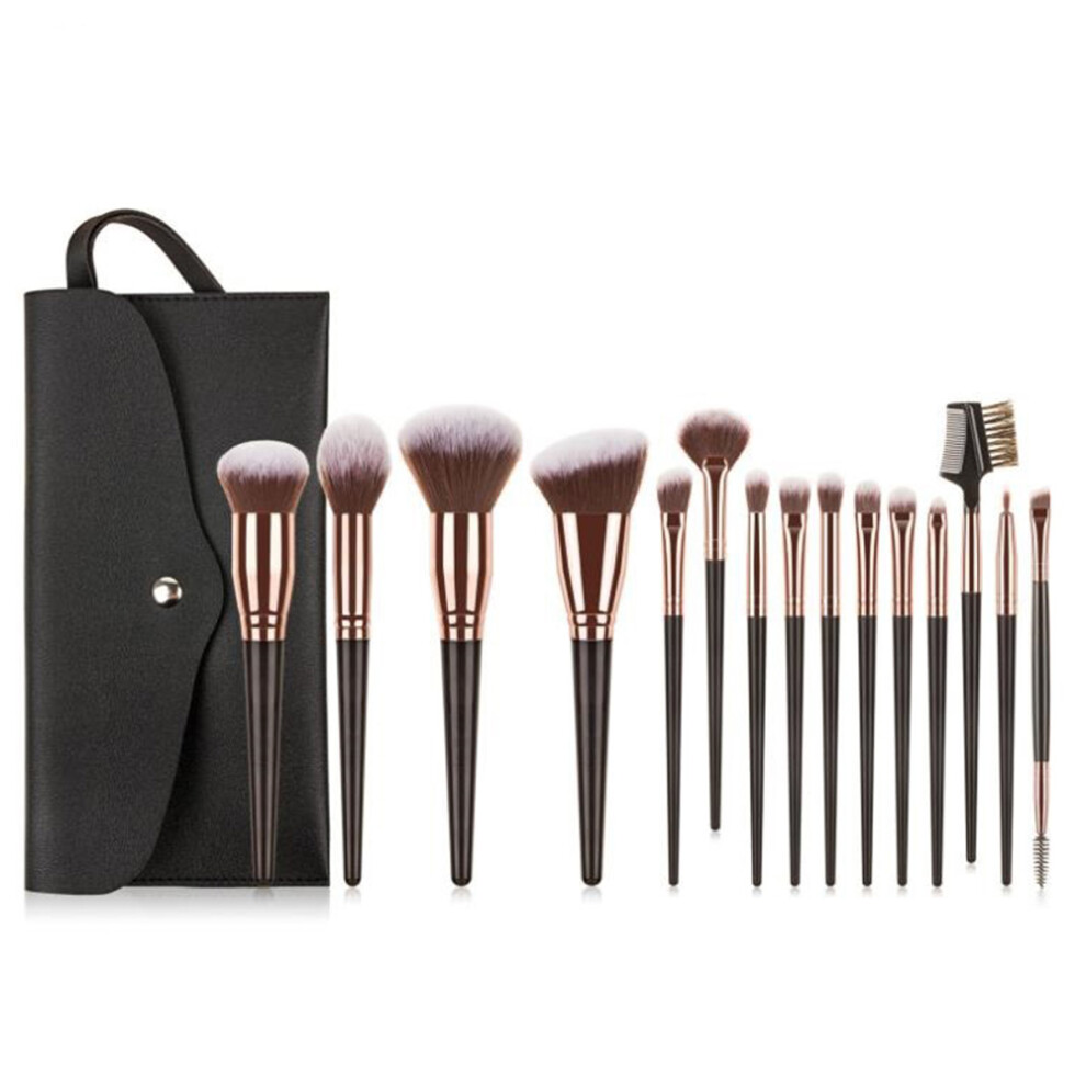 Professional Makeup Brush Collection, 15Pcs Of Synthetic Bristles For A Smooth Application, Vegan Leather Clutch Included, Wooden Handles For