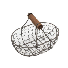 Wire Storage Basket with Wooden Handle, Vintage Metal Organizer for Snacks, Drinks, Kitchen, Noir
