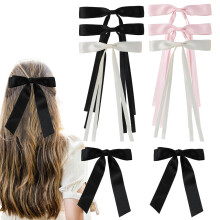 Pinces à cheveux à pompons pour femmes, accessoires pour cheveux à pince crocodile avec longue queue, nœuds en ruban de satin style français