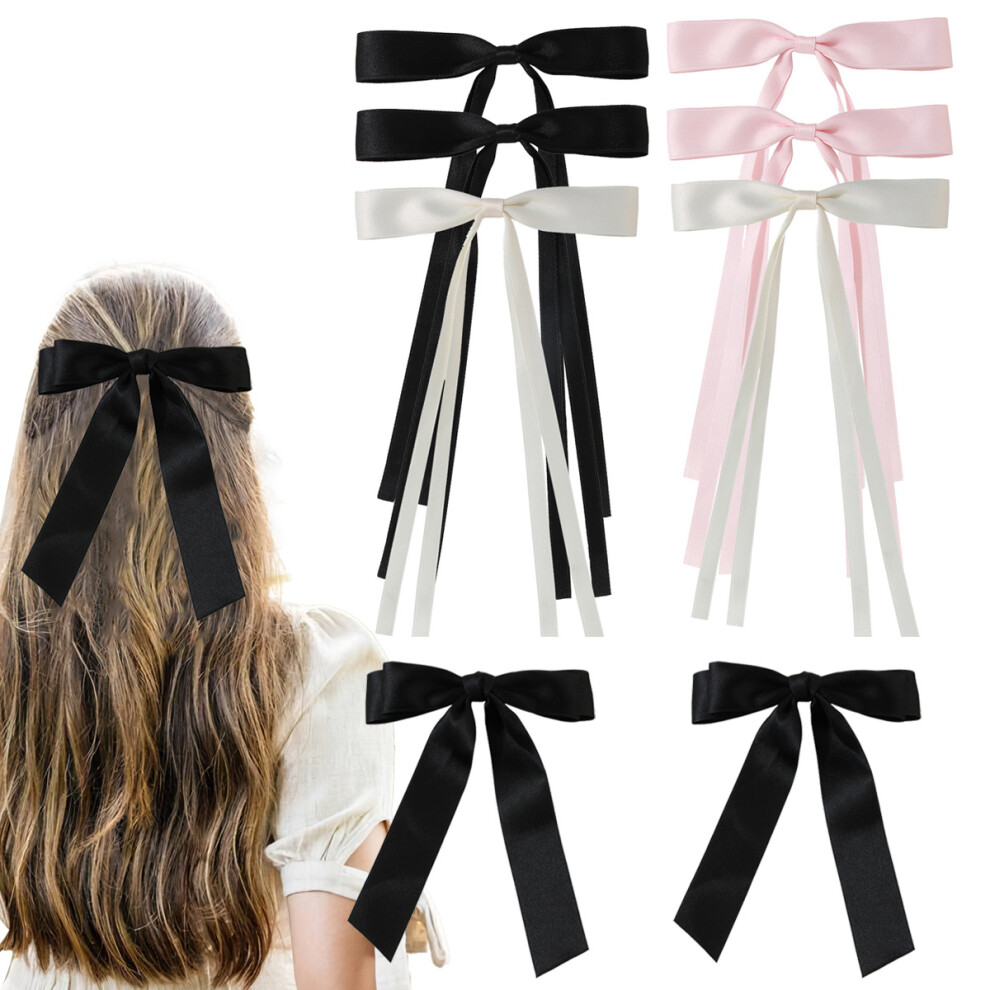 Long Tail Hair Bow for Women, Smooth Satin Material Vintage French Style Tassel Bow Hair Clips with Secure Metal Clip Satin Ribbon Hair Bows for Thic