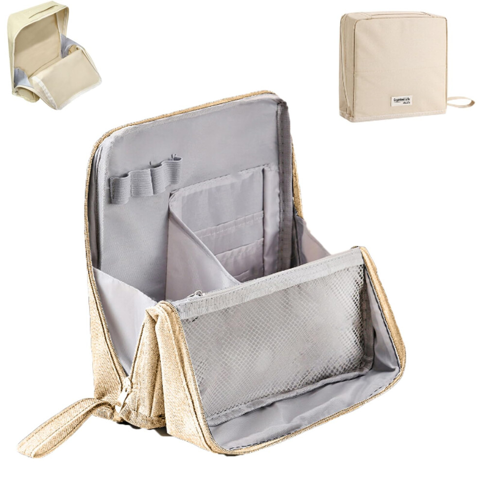 Beige Cosmetic Bag Portable Standing Makeup Bag Dry Wet Separation Oxford Cloth With Handle