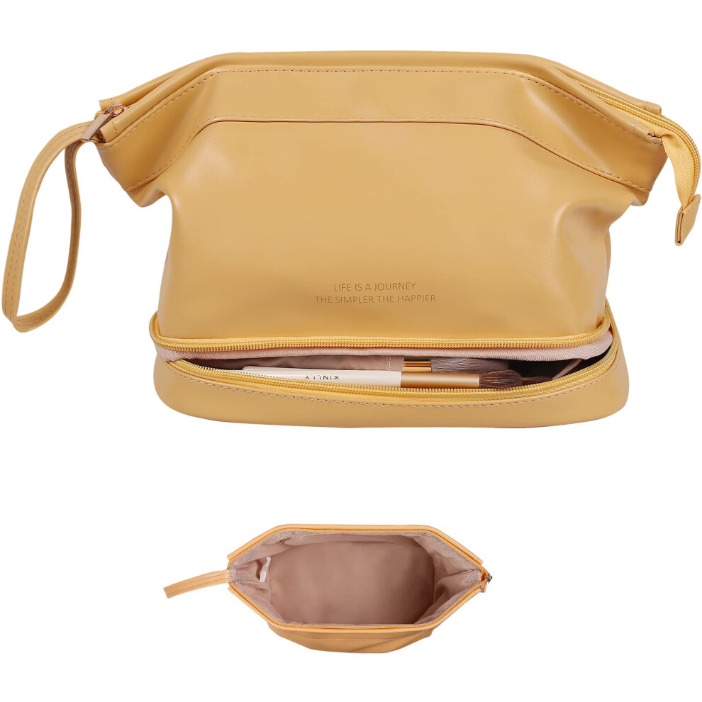 Yellow Large Capacity Makeup Bag Pu Leather Cosmetic Travel Bag With Compartments Portable Handle
