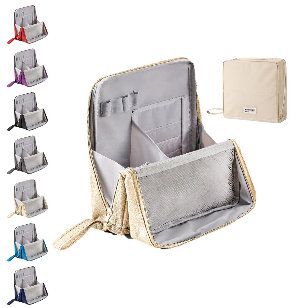 Beige Standing Makeup Bag Portable Vertical Cosmetic Organizer, Large Capacity Travel Case,