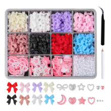 Kit de nail art cu modele și culori delicate, aplicații largi, funde din panglică 3D din rășină, forme asortate, decorațiuni premium cu funde
