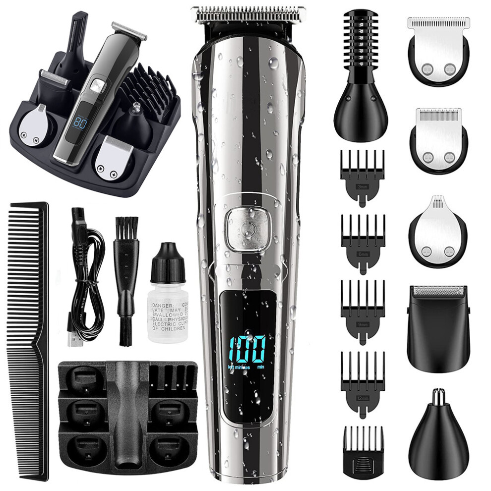 Waterproof Beard Trimmer for Men, Electric Hair Clipper with Self-Sharpening Blades, Cordless Mens Grooming Kit, Multiple Trimmer Heads, LED Display,