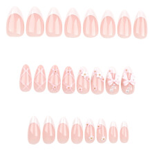 Faux ongles en amande avec détails 3D, à coller, longueur moyenne, bout blanc et motif nœud, faux ongles fleuris à la finition brillante pour