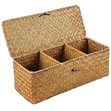 Wicker Basket with Lid 13x5x4, 3Section Rectangular Woven Storage, Toilet Roll Organizer for Desktop Snack Toys Makeups