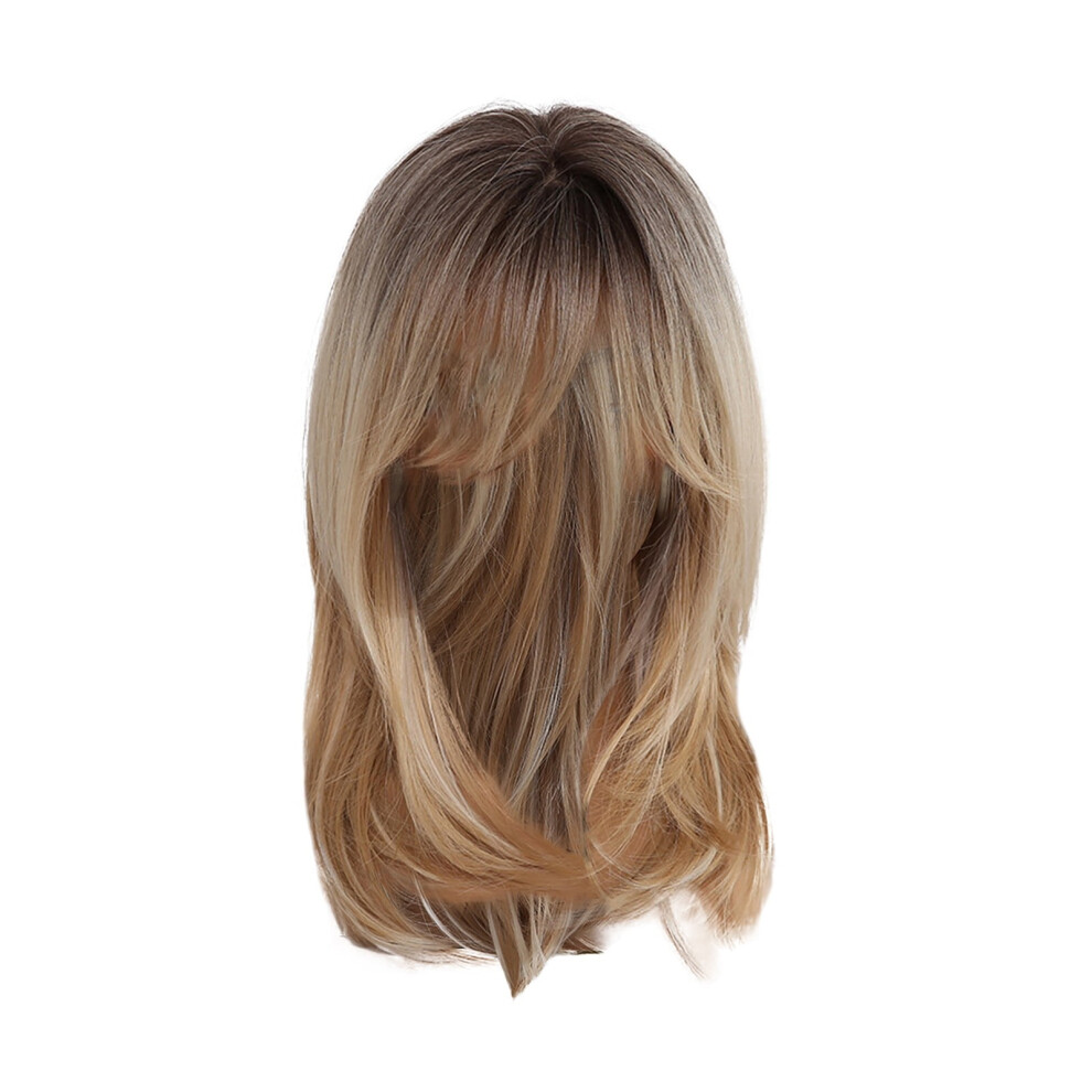 Unisex Feels Like Human Hair Wigs For Women, Natural Curls Medium Length Blonde Wig, Heat Resistant Synthetic Wigs With Natural Bangs, Ombre Blonde Wig Laye