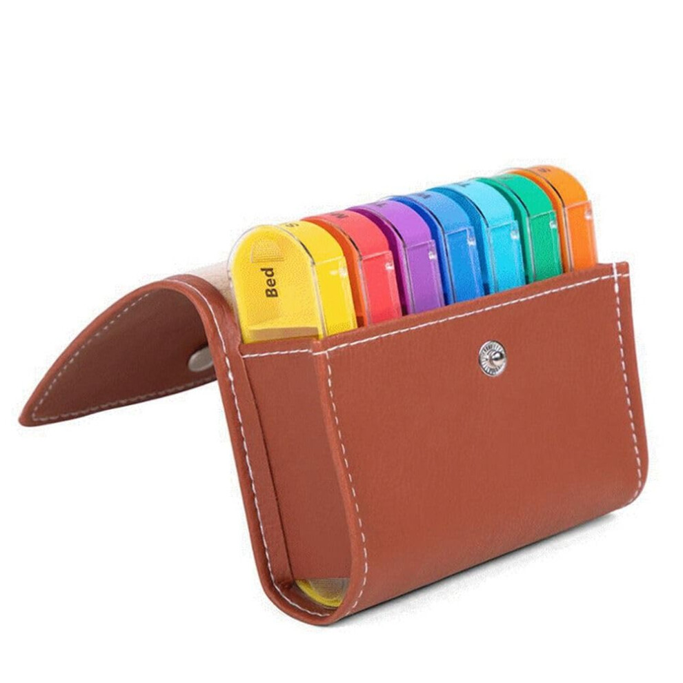 7day pill organizer, tablet organizer, medication pill organizer, zippable  leather case, daily use pill box (brown)