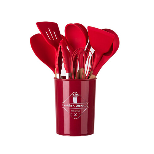 12 Stück Silikon-Küchenhelfer mit ergonomischem Holzgriff,-Rot