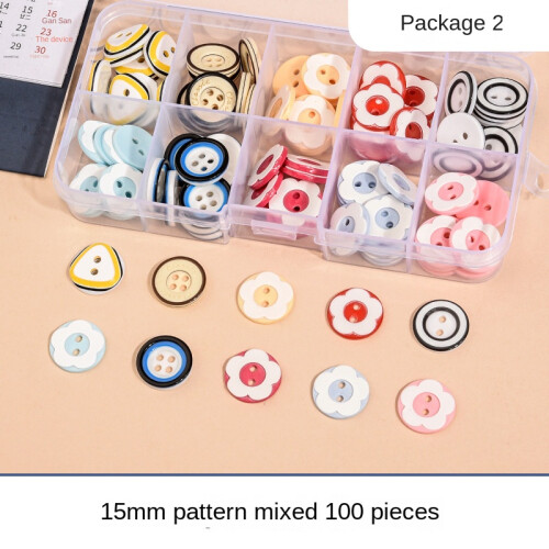 (Package 2, 15mm flower type mixed model 100 pieces) 100pcs boxed colorful buttons