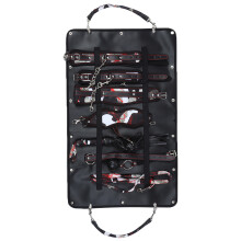 Kit bondage regolabile per coppie con manette per mani e braccia in metallo color oro rosa, eleganti cuciture rosse e stile in pelle nera per giochi