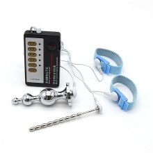 GourdShaped Metal Electric Shock Anal Plug Urethral Bead Plug, 2 Elastic Cock Rings Set, Stainless Steel BDSM Toy