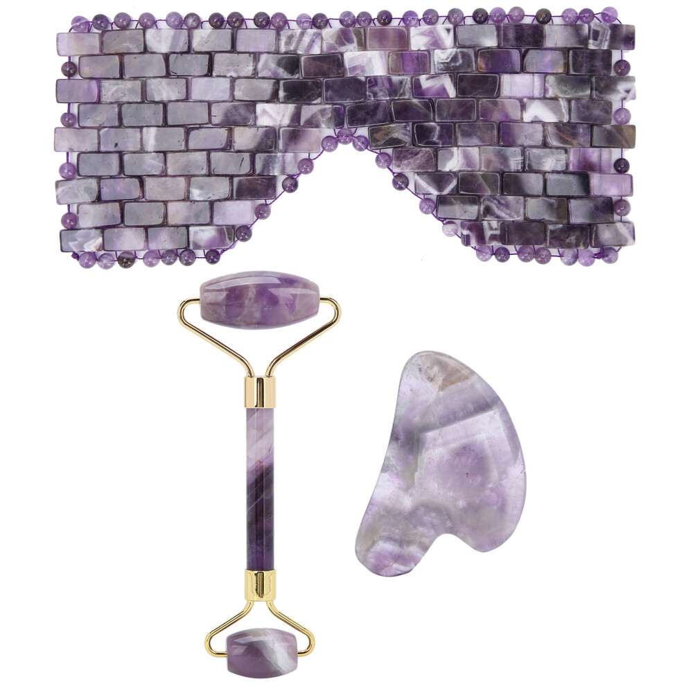 Jade Facial Mask Natural Amethyst Stone, Reusable Cool Eye Mask for Reducing Puffiness and Soothing Tired Eyes with Adjustable Strap and Durable