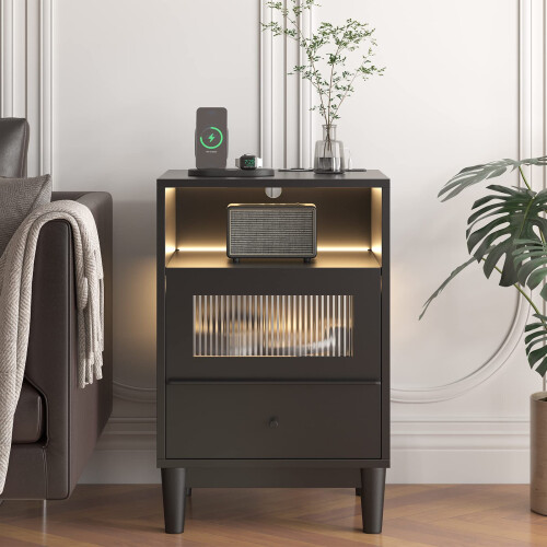 (Black) Bedside Table Nightstand Charging Station
