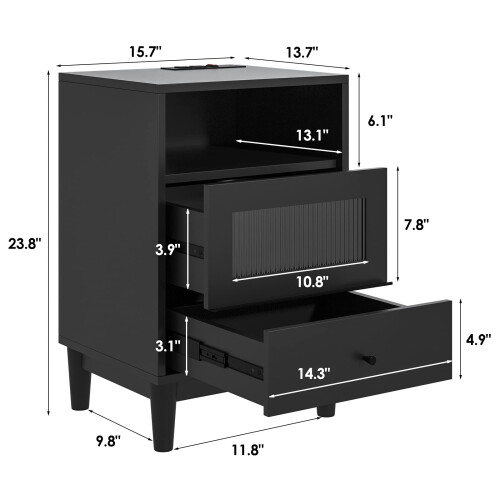 (Black) Bedside Table Nightstand Charging Station 1
