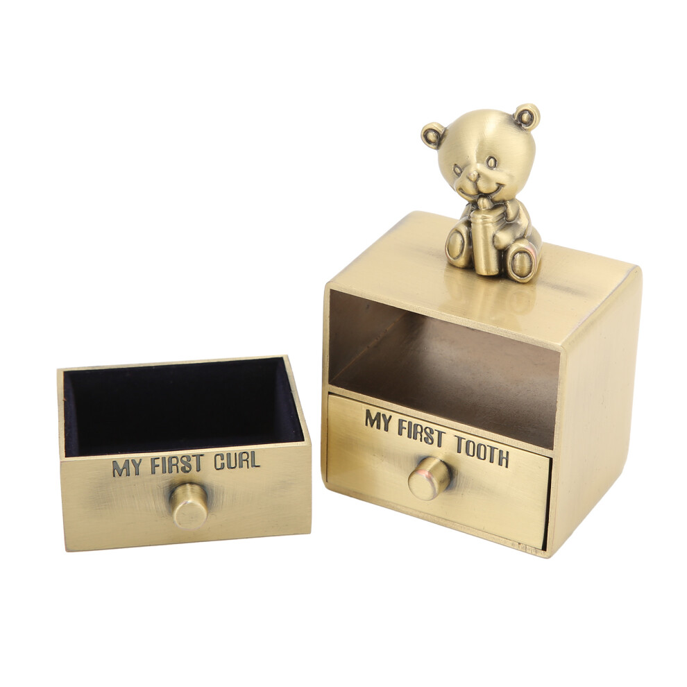 Cute Bear-Shaped Metal Tooth Box with 2 Drawers, Green Patina