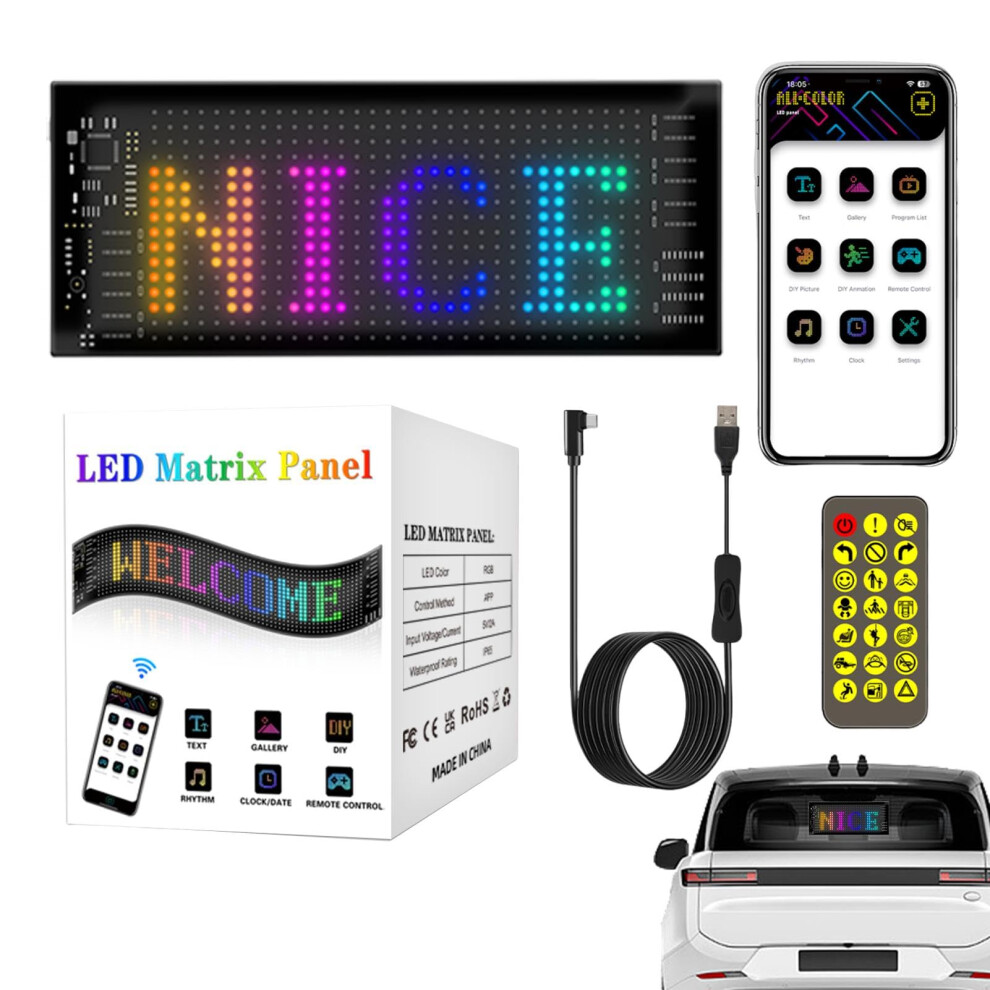 Car Led Display Flexible Screen With Wireless App Control, Custom Animation, Ip65 Waterproof 7X17cm Black 9199774235860