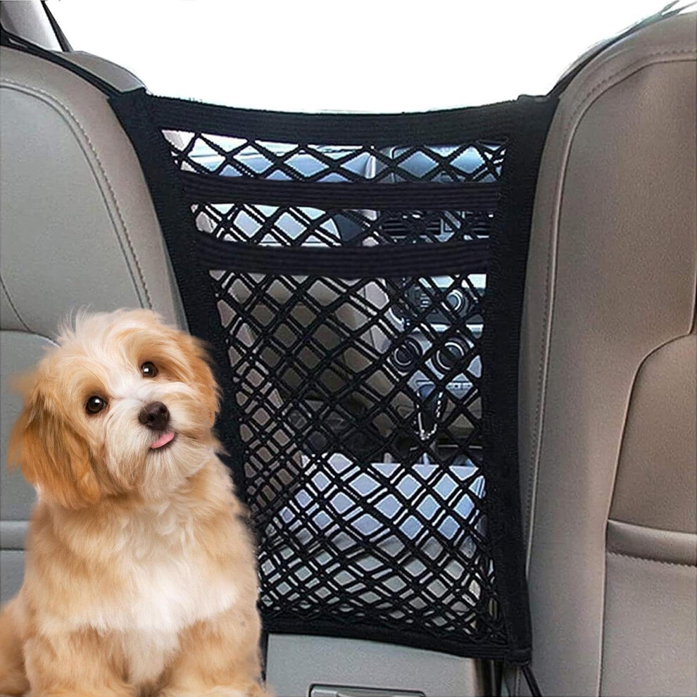 3Layer Dog Car Barrier Retractable Mesh Fence Between Front Seats Car Net Organiser Elastic Pocket 30X30cm Black 9187378593981