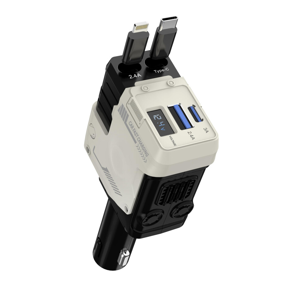 120W Usb C Car Charger 4 Port Fast Charging Adapter With Retractable Cables And Voltage Display 9347817827439