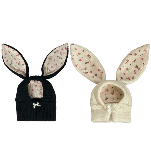 Knit Rabbit Ears Shape Hat for Cat Christmas-Black S 1