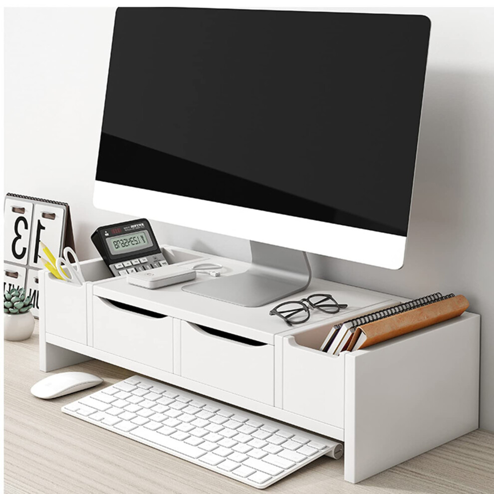 Spacesaving Wooden Monitor Stand With Drawer 2Tier Desktop For Computer And Tv Cabinet Door Design White 9347817839265