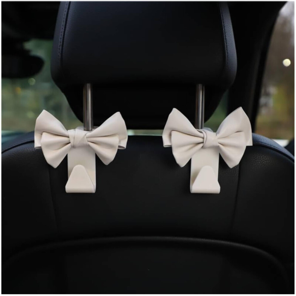 2Pcs Car Headrest Hooks With Cute Bow, Heavy Duty Purse And Bag Holder, Universal Fit, White 9199774248990