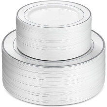 Non Toxic Disposable Plates, Durable Plastic Party Plates Elegant Design Silver Rimmed, BPA Free Food Grade Heavy Duty Wedding Plates, Great for