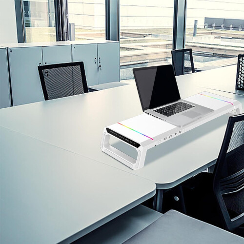 Monitor Riser Adjustable Base Storage Rack With RGB Lighted Laptop Elevator Stand USB Expansion Hub Moonlight White 1