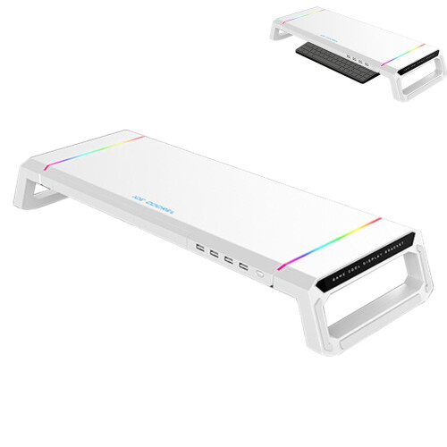 Monitor Riser Adjustable Base Storage Rack With RGB Lighted Laptop Elevator Stand USB Expansion Hub Moonlight White