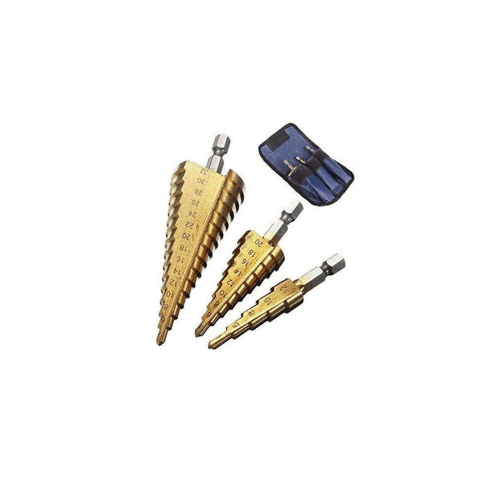 Spiral Fluted Step Drill Bit Set Hss 3Piece Titanium Coated 1/4Inch Hex Core Cone Hole Cutter 412 420 432 Mm 9187378606605