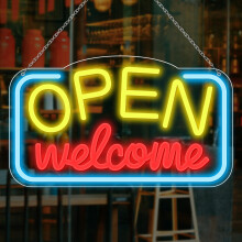 LED Neon Welcome Open Sign 16x9 Inches, Dimmable, USB 5V Powered, Yellow Neon Light for Stores, Restaurants, Bars