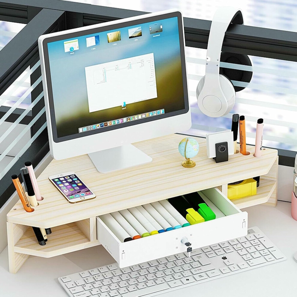 Corner Monitor Stand With Drawer, 2 Tier Triangle Riser For Computer Desk Organization, Light/Yellow 9099447773647