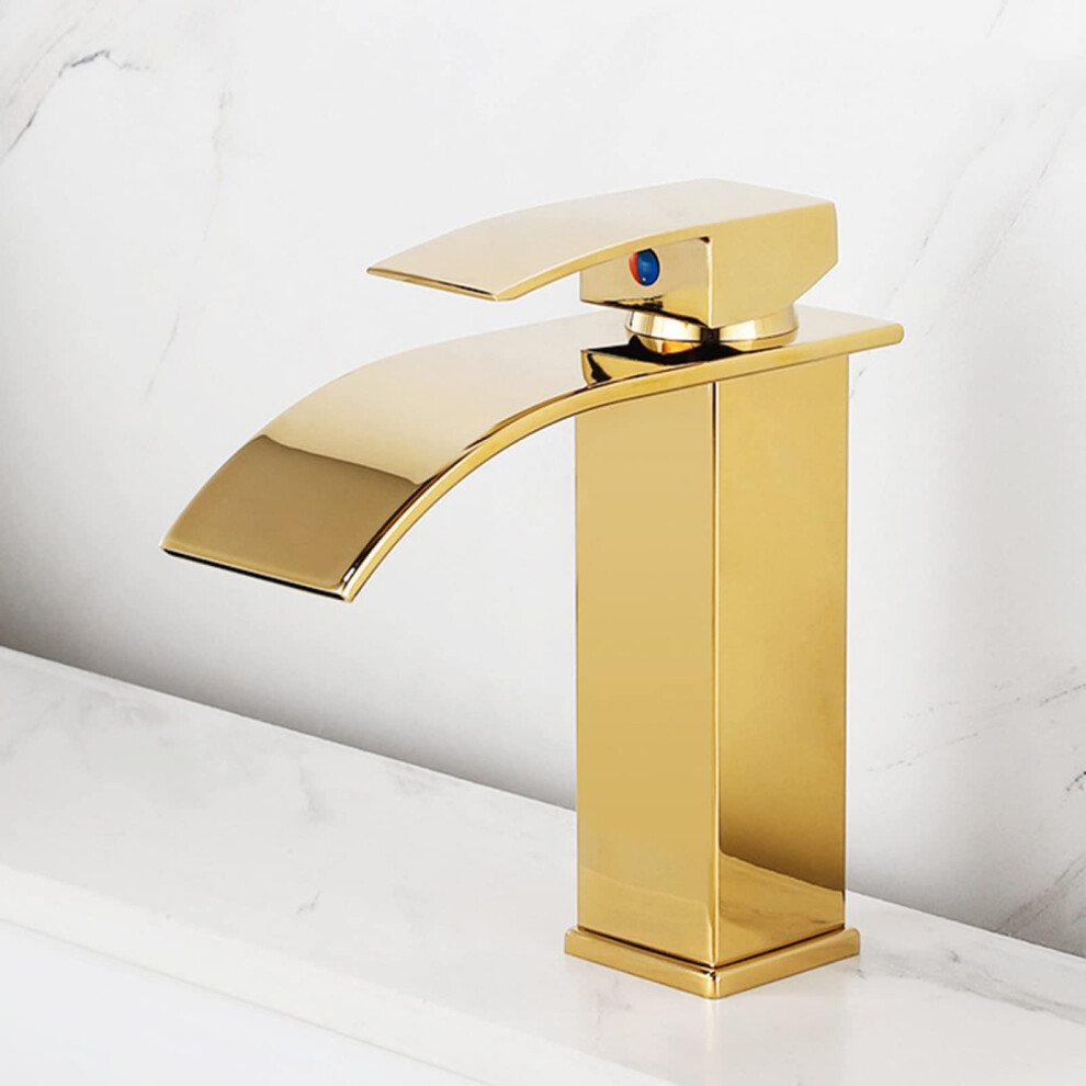 Waterfall Basin Stainless Steel Lavatory Faucet With Waterfall Spout Single Handle Hot Cold Gold Short Commemoration Day 9199774263931