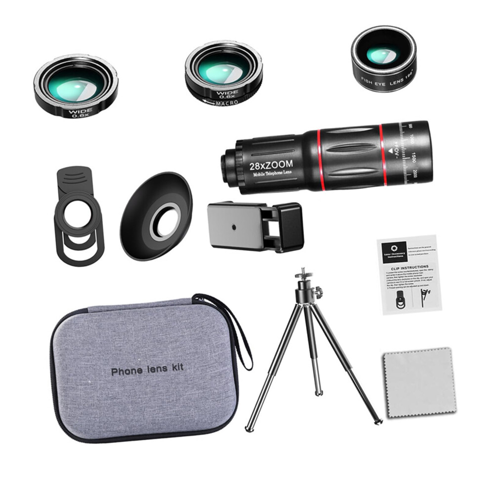 28X Photography Telephoto Lens Clip On For Phones With Fisheye Macro Wide Angles Quick Install Lens Set 9347817857023