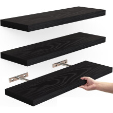 Set of 3 Wooden Floating Shelves, Black Rustic Wall Mounted Storage for Living Room, Bedroom, Kitchen, Durable Brackets
