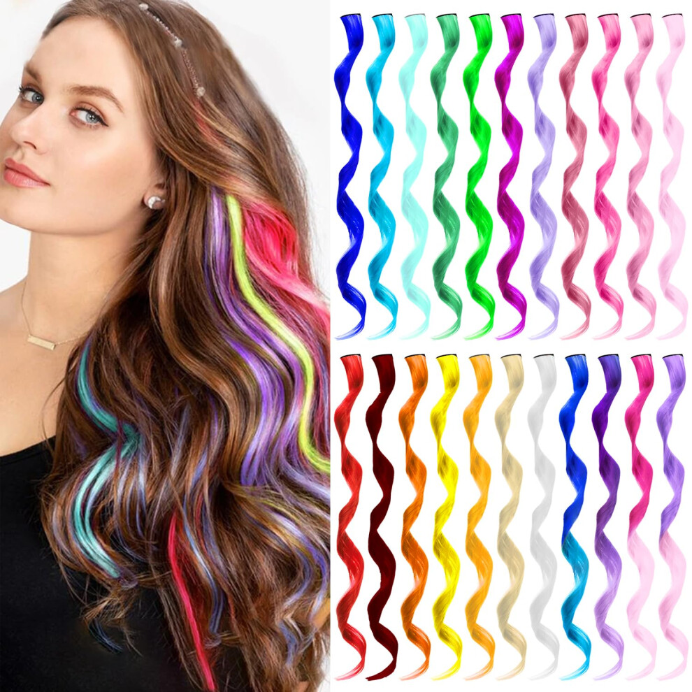 Unisex Colored Hair Extensions Clipin Curly Wavy Rainbow Hairpieces 22Piece Colorful Set For Girls And Women Synthetic Party Highlights