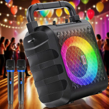 (Black) Upgraded 20W 16.51cm Portable Wireless Karaoke Speaker | Includes 2 Wireless Microphones, Party Lights