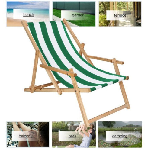 Transat de Jardin pliant en bois imprégné - SPRINGOS - vert/blanc 1