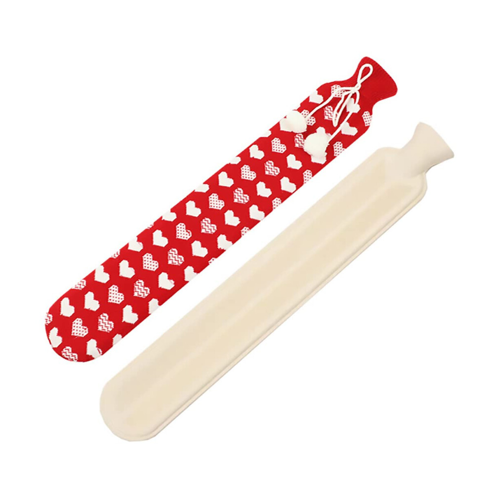 Long Hot Water Bottle 2L Natural Rubber With Soft Plush Heart Cover For Neck, Waist, Abdomen