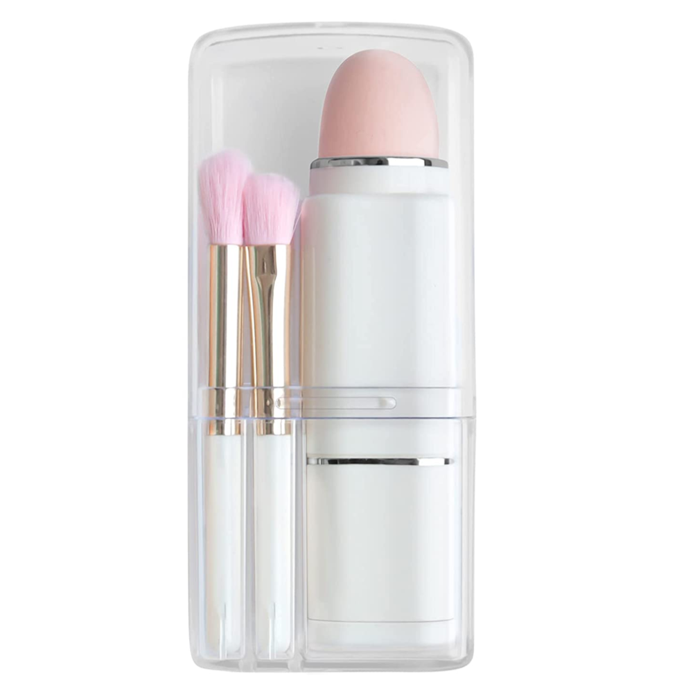 Stylish Retractable Makeup Brushes, Beauty Sponge & Foundation Blending Powder Brush, On-The-Go Set for Makeup Enthusiasts (Compact Clear Case,