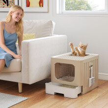 (Cream) PawHut Foldable Cat Litter Box with Lid, Slide-Out Drawer