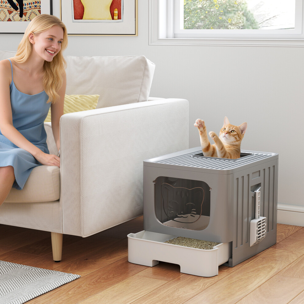 New Pawhut (Grey) Foldable Cat Litter Box With Lid, Slide-Out Drawer Grey