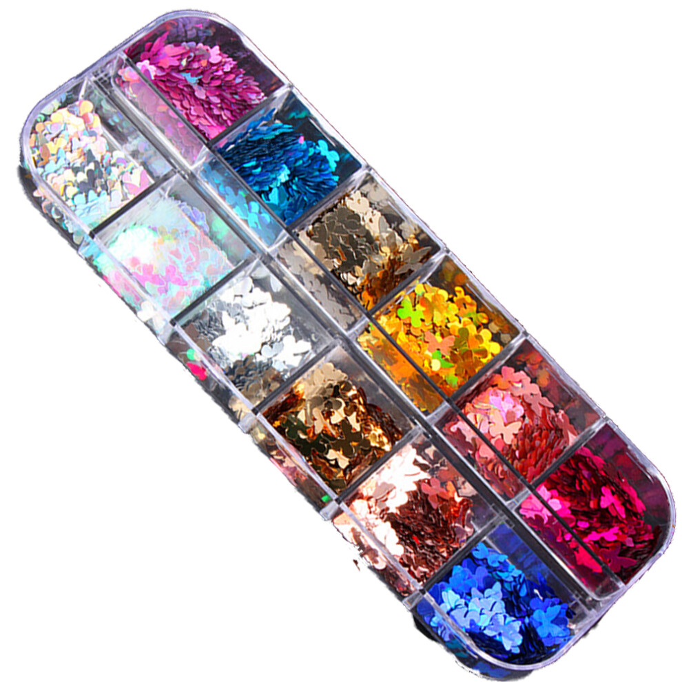 Fluorescent Flower Style Nail Glitter, Holographic 3D Glitters for Women's Love Heart Butterfly Flowers Letters Stars Circle Supplies For Nightclubs