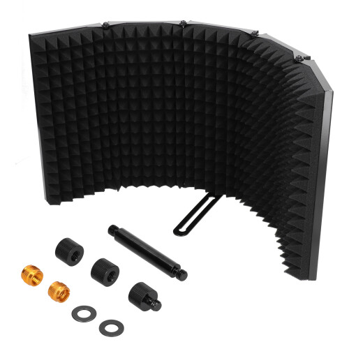 Studio Mic Isolation Shield Sound Absorbing Foam Noise Reflection Reduction Lightweight Construction Foldable End Panels Three Panel Design Angle