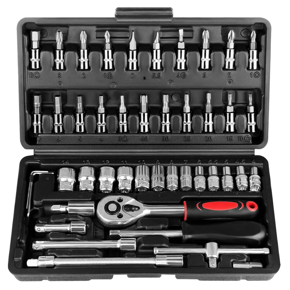 46 Pcs 1/4' Drive Socket Wrench Set With Extension Bars, Flexible Rods, Quick Release Reversible Ratchet Metric Kit 9199774277860