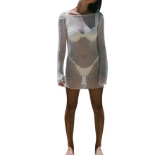 (L, White) Robe de Plage Courte Maille Transparente, Dos Nu Manches Longues. Paréo/Cache-Maillot Femme, Protection Solaire.